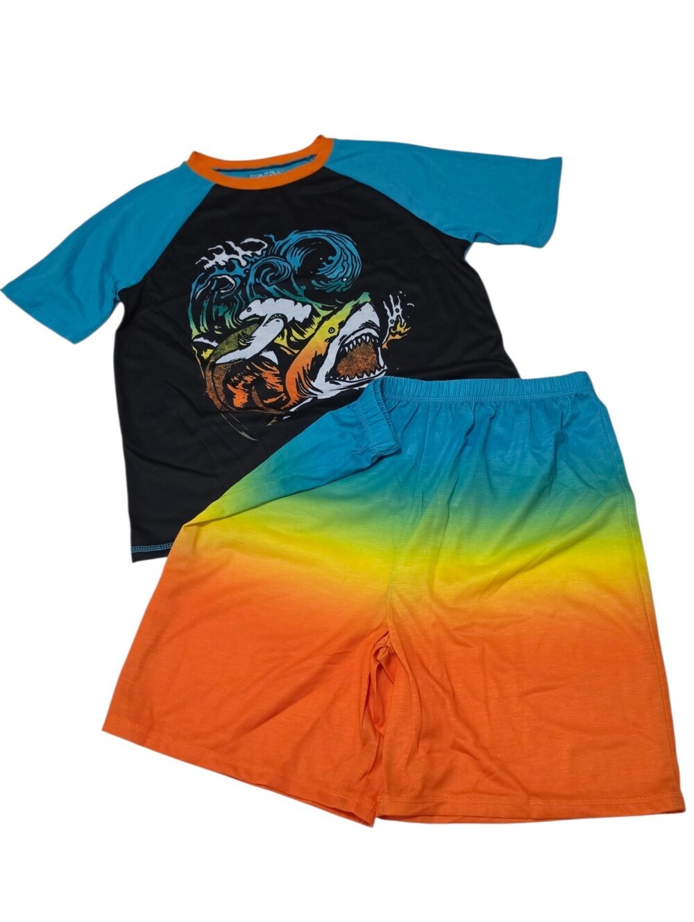 Saint Eve Kids 2-Piece Pajama Set Shark Graphic Top & Rainbow Ombre Short
